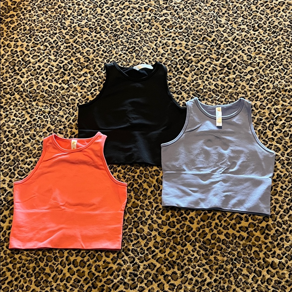 Girls Sz Large Ribbed Crop Tank Top Set - Black, Coral, Lavendar